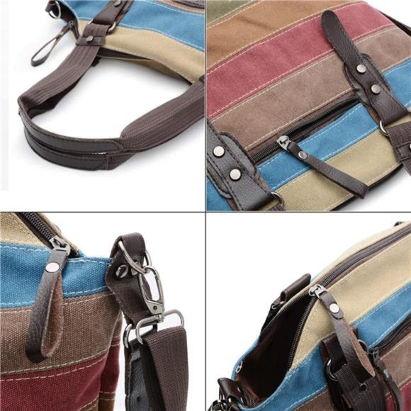 Canvas Handbag Striped Lattice Cross Body Shoulder Purse Bag Tote-Handbag - Picture 4 of 7